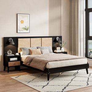 English Elm Queen Solid Wood Bed Frame With 2 Nightstands, Rattan Accents, Built-In Lamps For Cozy Bedrooms N820S00019AAB-GIGA