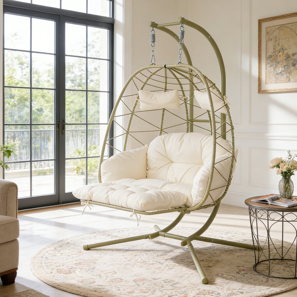 English Elm 2 Person Wicker Hanging Egg Chair with Stand Padded Cushions Patio Swing Seat T5880P500218