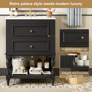 English Elm 24'' Retro Bathroom Vanity Mdf Cabinet with Ceramic Sink Open Shelf and 2 Drawers Black N710P405414B