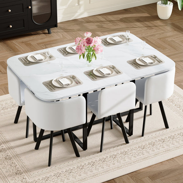 English Elm 7-piece Rectangular Dining Set Seats 6 with Faux Leather Chairs and Melamine Top White W3875S00116