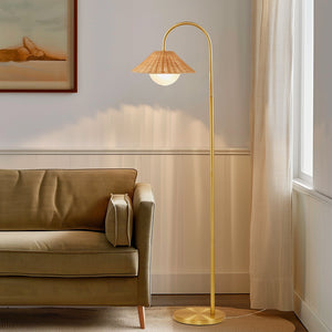 JLA Home INK+IVY - Rattan Laguna Floor Lamp with Woven Shade & Frosted Glass Globe, Gold Iron Frame for Cozy Ambient Light II154-0158