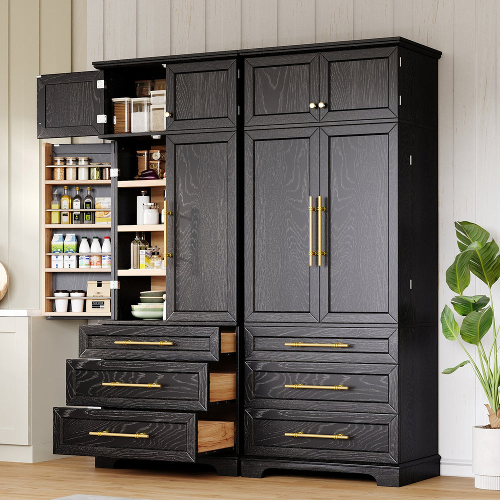 English Elm K&k Farmhouse Pantry Cabinet Tall Freestanding Kitchen Storage with Drawers Shelves Black N707P356569B