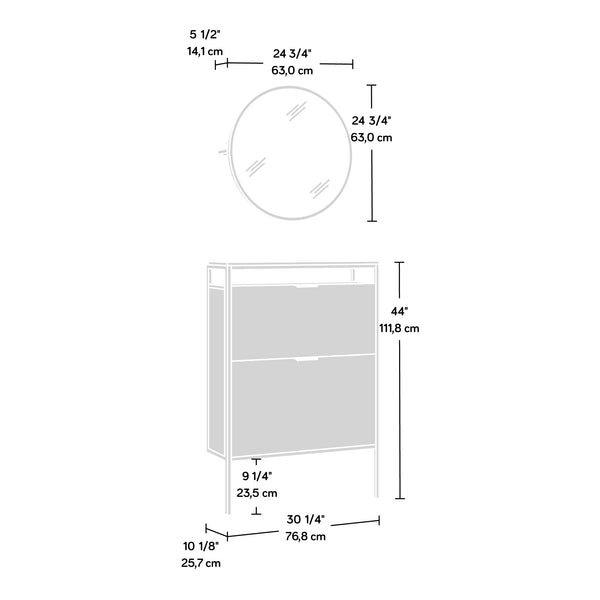 English Elm Wall-mounted Shoe Cabinet with Mirror and Hooks — Space-Saving Tilt-Out Storage, Brown Engineered Wood B356P367815