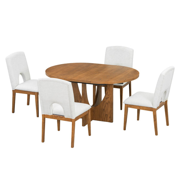 English Elm Topmax Extendable Round Dining Set with Linen Chairs and Pedestal Base Seats Five Walnut N717S000062D