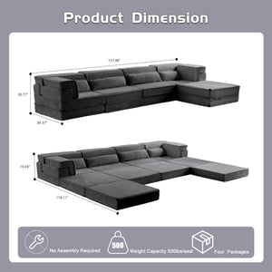 English Elm Compression Mahjong Sofa - Oversized Modular Floor Bed With Ottoman, No Assembly, Soft Fleece Fabric W3723S00037