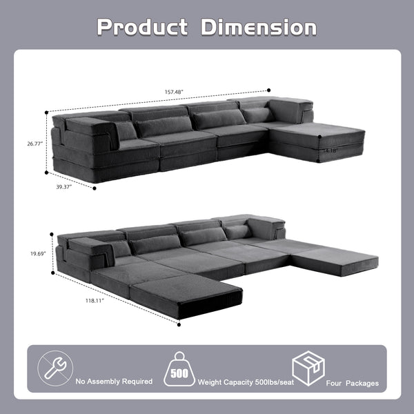 English Elm Compression Mahjong Sofa - Oversized Modular Floor Bed With Ottoman, No Assembly, Soft Fleece Fabric W3723S00037