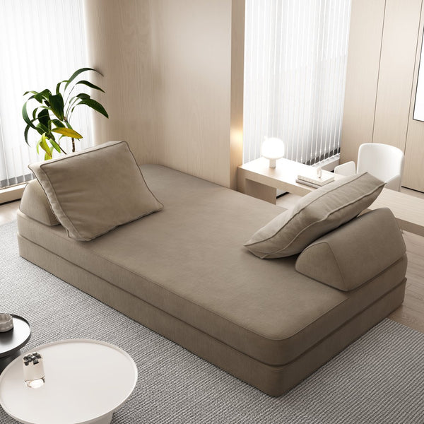 English Elm 86.6"Multifunctional Folding Sofa Bed with Chaise, Fluffy Chenille, Removable Backs & Pillows, Deep Seat Lounge Camel W3219P340668