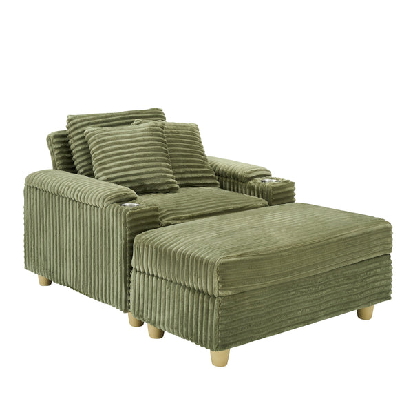 English Elm Green corduroy single sofa with ottoman storage, built-in armrest compartments, removable covers, 57"x41" W1658S00136