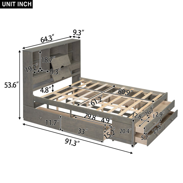 English Elm Queen Platform Bed Solid Pine Frame with Storage Headboard and Eight Organizer Drawers Gray GX000453AAE-1