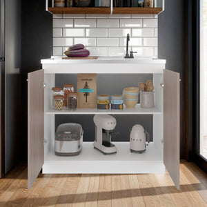 English Elm White Melamine Utility Sink Cabinet with Open Shelving for Laundry and Mudroom B062S01852