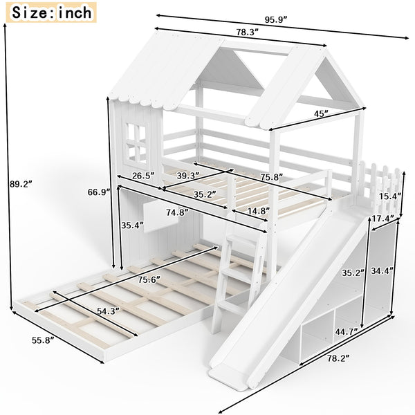 English Elm Twin Over Full Playhouse Bunk Bed with Slide Ladder Storage Shelves and Wardrobe Light White W5305S00039