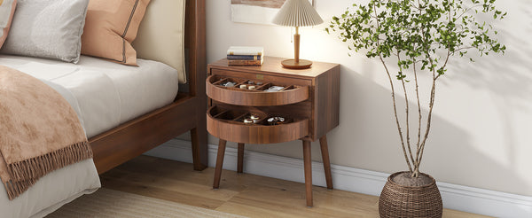 English Elm Rotating Rattan Nightstand Push Open Hidden Storage Mid Century Wood Leg Bedside Walnut N761P288451N