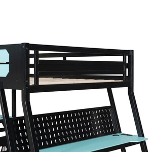 English Elm Full Size Gaming Bunk Bed with Dual Desks Usb Charging Ports and Pegboard Storage Blue LT000274AAC
