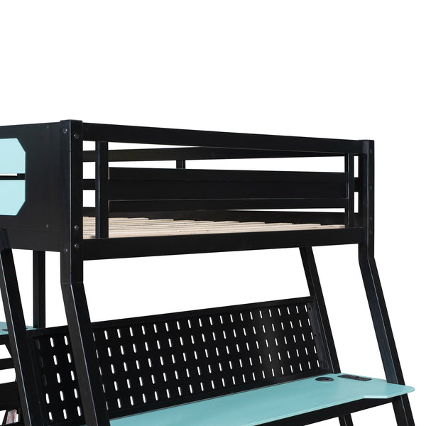 English Elm Full Size Gaming Bunk Bed with Dual Desks Usb Charging Ports and Pegboard Storage Blue LT000274AAC