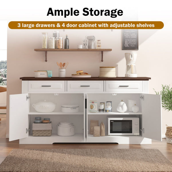 English Elm 63" Fluted Sideboard Buffet Cabinet with Coffee Bar Storage, 4 Doors 3 Drawers, Smooth Silent Slides White W2917P319113