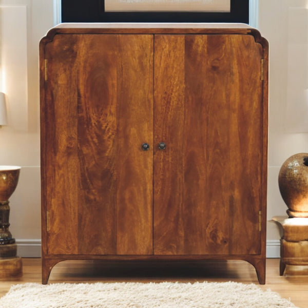 English Elm Newton Chestnut Cabinet Solid Mango Wood Chestnut Finish with Curved Design, Brass Knobs & Ample Storage for Living Room Elegance B182P303426