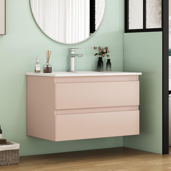 English Elm 32-Inch Modern Wall-Mounted Bathroom Vanity With Ceramic Sink, Soft-Close Drawers, Stylish Pink Finish W3151S00045