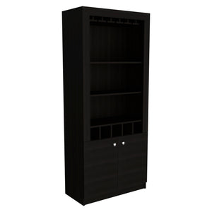 English Elm Montenegro Tall Black Bar Cabinet with Wine Storage Open Shelving and Glass Rack B070S00343