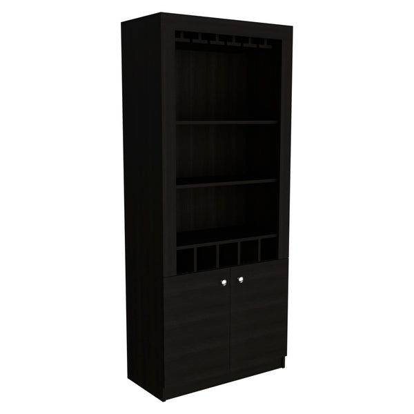English Elm Montenegro Tall Black Bar Cabinet with Wine Storage Open Shelving and Glass Rack B070S00343