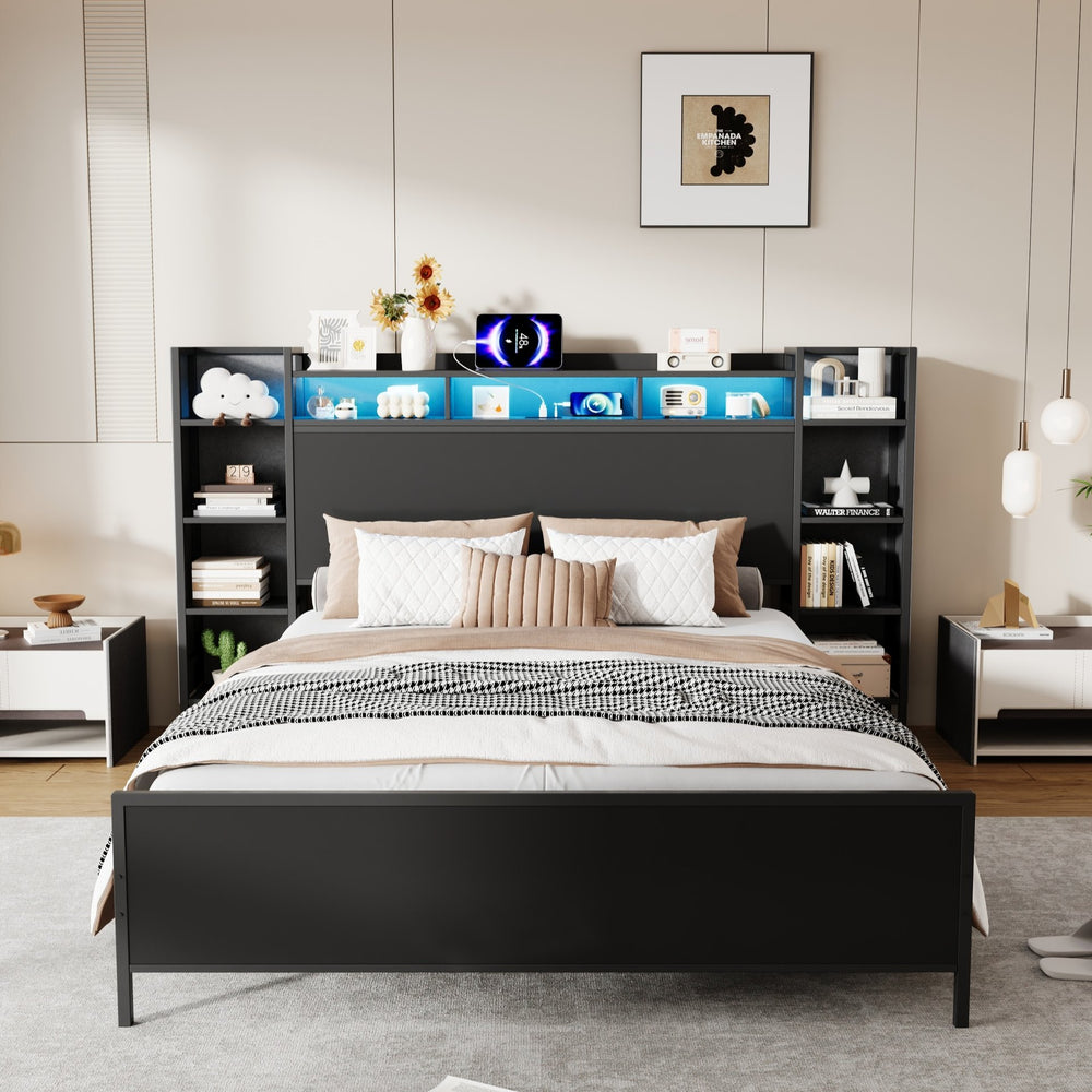 English Elm Twin Metal Platform Bed Bookcase Headboard Usb Charging Led Lights Industrial Frame W1670P459739