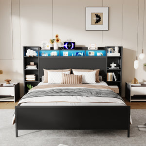 English Elm Twin Metal Platform Bed Bookcase Headboard Usb Charging Led Lights Industrial Frame W1670P459739