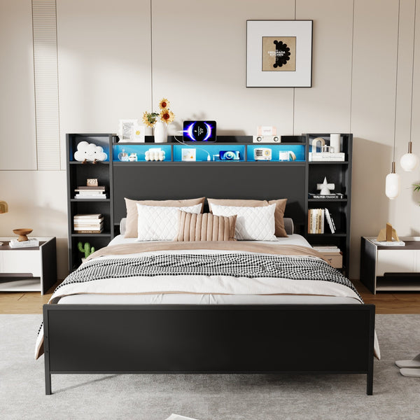 English Elm Twin Metal Platform Bed Bookcase Headboard Usb Charging Led Lights Industrial Frame W1670P459739