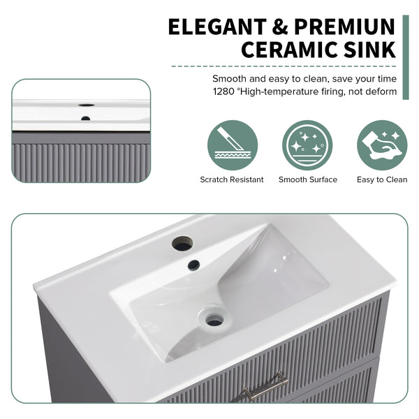 English Elm 30 Inch Bathroom Vanity With Ceramic Sink Combo - Modern Gray Freestanding Storage Cabinet Set W1550S00046