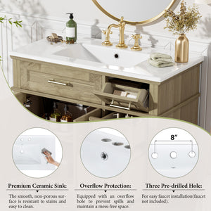 English Elm 36" Light Oak Bathroom Vanity with Ceramic Sink, Rattan Accents, Soft-Close Doors & Spacious Drawers N729P208125O