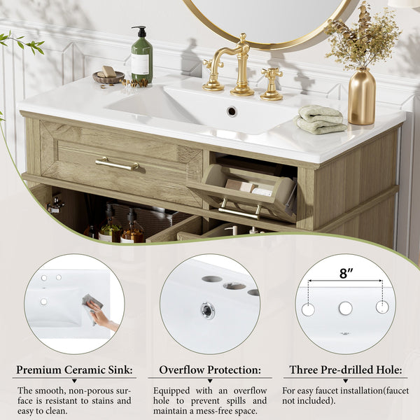 English Elm 36" Light Oak Bathroom Vanity with Ceramic Sink, Rattan Accents, Soft-Close Doors & Spacious Drawers N729P208125O
