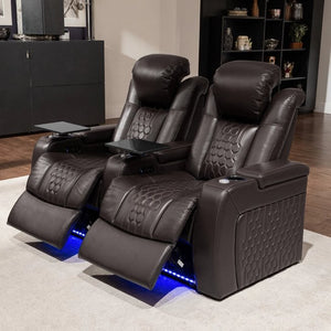 English Elm 68.9"power Recliner Set Top-grain Nappa Leather Rgb Led Home Theater Seating Coffee W3819S00100