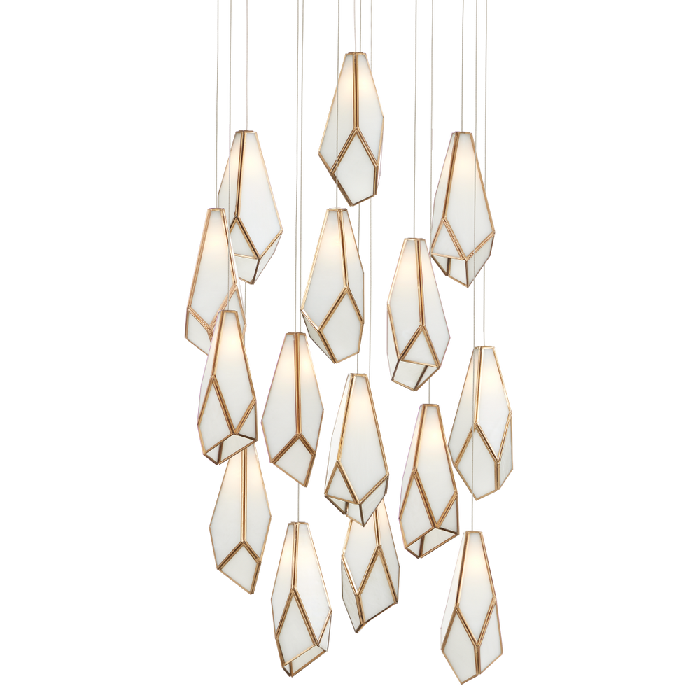 Glace White 15-Light Multi-Drop Pendant - Art Glass Elegance with Antique Brass & Silver Finish