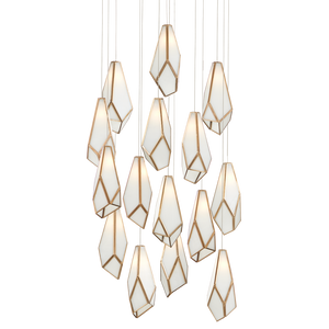 Glace White 15-Light Multi-Drop Pendant - Art Glass Elegance with Antique Brass & Silver Finish