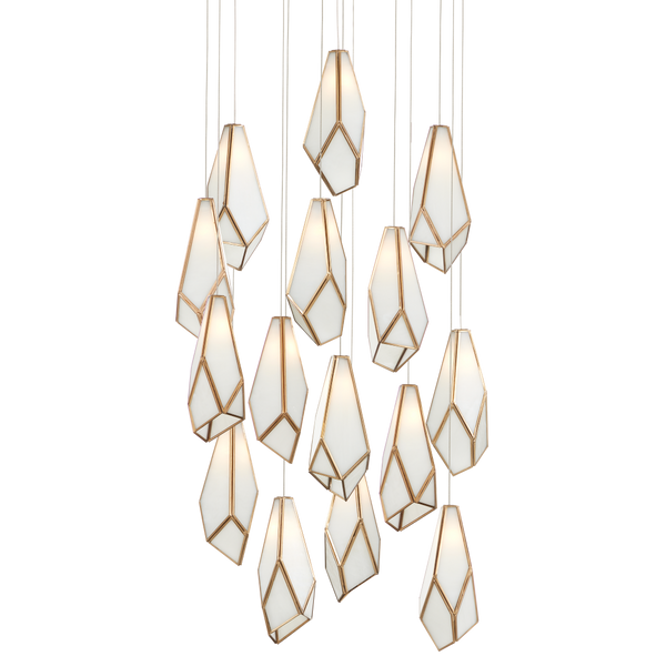 Glace White 15-Light Multi-Drop Pendant - Art Glass Elegance with Antique Brass & Silver Finish