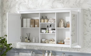 English Elm 55 Inch Wall Mount Medicine Cabinet Dual Mirrored Doors Soft Close Bathroom Vanity Storage White N710P401342K