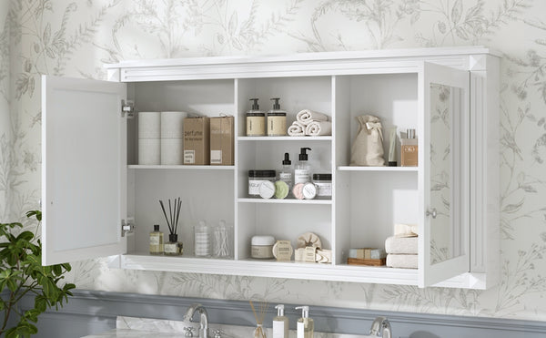 English Elm 55 Inch Wall Mount Medicine Cabinet Dual Mirrored Doors Soft Close Bathroom Vanity Storage White N710P401342K