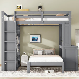 English Elm Full Solid Wood Loft Bed with Removable Lower Bed, Built-In Desk, Shelves & Wardrobe for Space-Saving Designs Grey W1580S00212