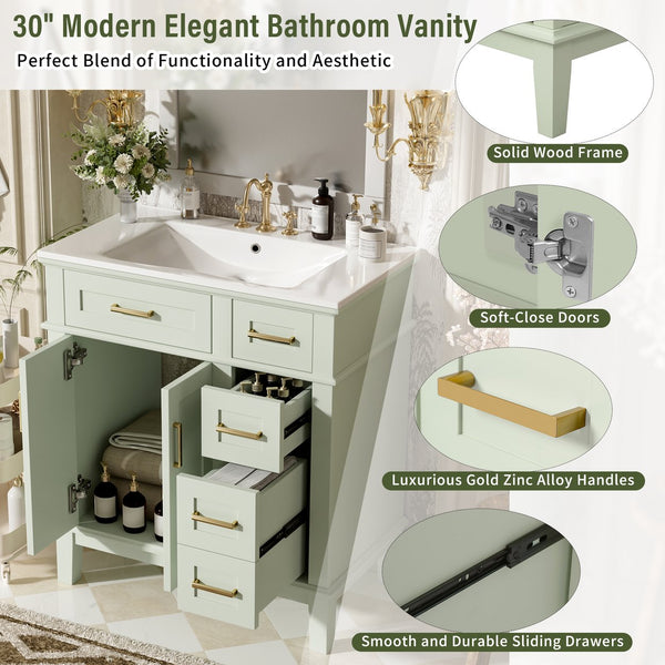 English Elm 30" Bathroom Vanity with Ceramic Sink and Deep Storage, Soft-Close Doors, Gold Handles, Durable Wood Frame Green N729P276610F
