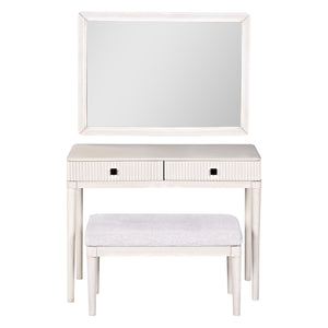 English Elm Modern Vanity Desk with Mirror & Stool, 2 Large Drawers, Fluted Panels, Cushioned Ergonomic Seat, White N844P262898A