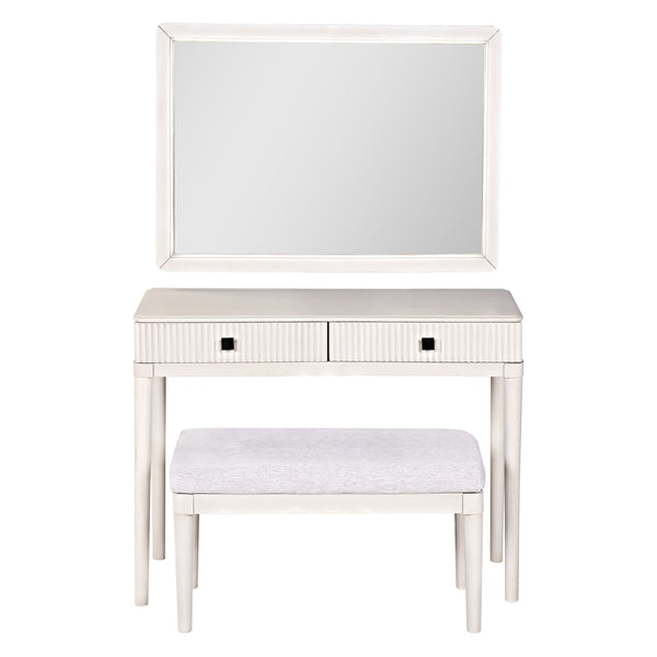English Elm Modern Vanity Desk with Mirror & Stool, 2 Large Drawers, Fluted Panels, Cushioned Ergonomic Seat, White N844P262898A
