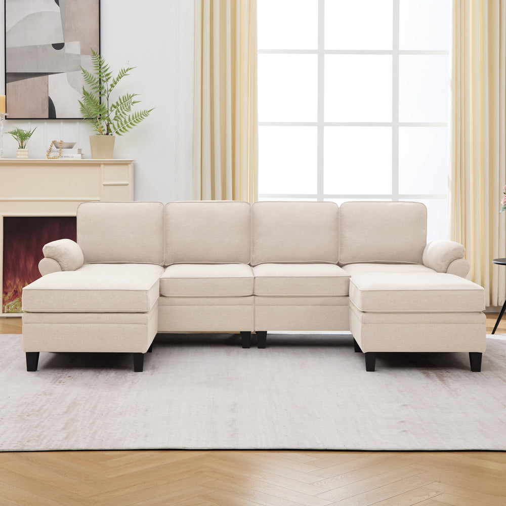 English Elm 102 Inch Linen Modular Sectional Sofa with Hidden Storage and Cloud Cushion Comfort Beige W1099S00210