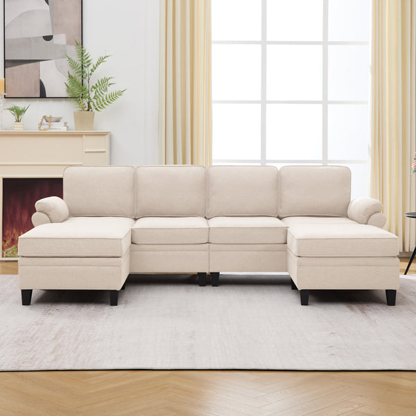 English Elm 102 Inch Linen Modular Sectional Sofa with Hidden Storage and Cloud Cushion Comfort Beige W1099S00210