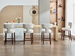 English Elm Mid Century Modern Counter Height Bar Stools Set of 2 with Curved Copper-Stud Back, Foam Spring Cushion, Walnut Legs and Adjustable Balance Studs Beige W1143P296347