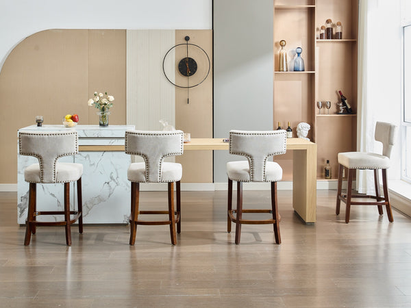 English Elm Mid Century Modern Counter Height Bar Stools Set of 2 with Curved Copper-Stud Back, Foam Spring Cushion, Walnut Legs and Adjustable Balance Studs Beige W1143P296347