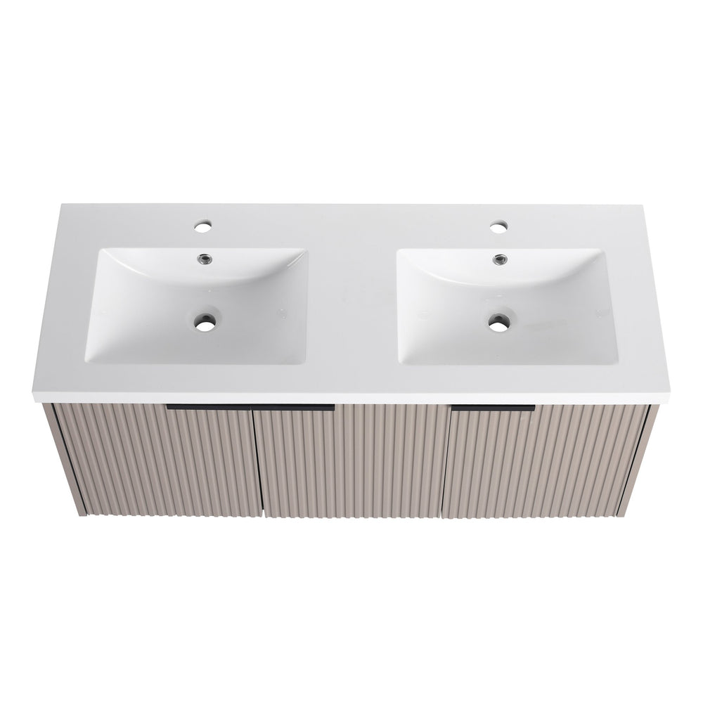 English Elm 48" Modern Wall-Mounted Bathroom Vanity With Double Sink, Soft-Close Doors & Stylish Wavy Panels W999S00353