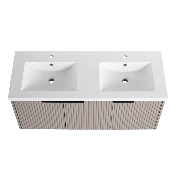English Elm 48" Modern Wall-Mounted Bathroom Vanity With Double Sink, Soft-Close Doors & Stylish Wavy Panels W999S00353