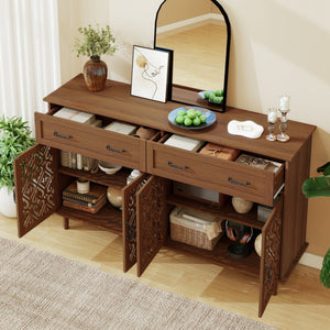 English Elm 4 Door Sideboard Buffet with Hand Carved Geometric Panels Black Oak Finish Raised Legs W688P359947