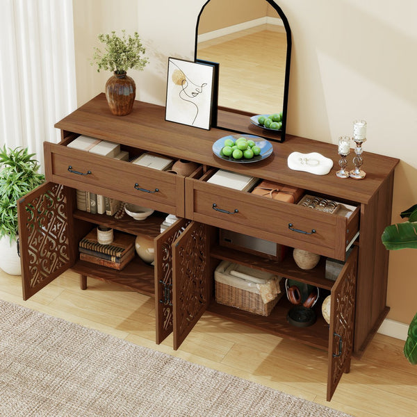 English Elm 4 Door Sideboard Buffet with Hand Carved Geometric Panels Black Oak Finish Raised Legs W688P359947