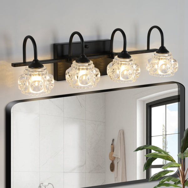 English Elm 23" Retro 4-Light Vanity Light Fixture Black Iron with Crystal Glass Shades Wall-Mount Hardwired Elegant Illumination for Bathroom Dressing Room W2312P374818