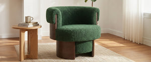English Elm Modern Sculptural Barrel Swivel Chair Bentwood Frame Polyester Upholstery Accent Seating Green N760P369230C