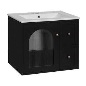 English Elm 24" Modern Wall-Mount Bathroom Vanity with Ceramic Sink, Glass Door Cabinet, 2 Drawers, Soft-Close Black N710P286704B
